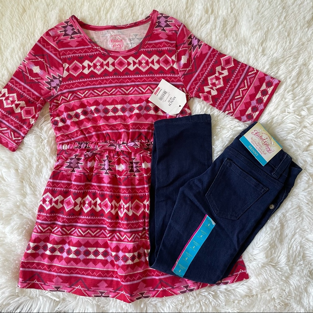 NEW Tribal Print Dress & Dark Jeans Set Faded Glory Girl Sz 4